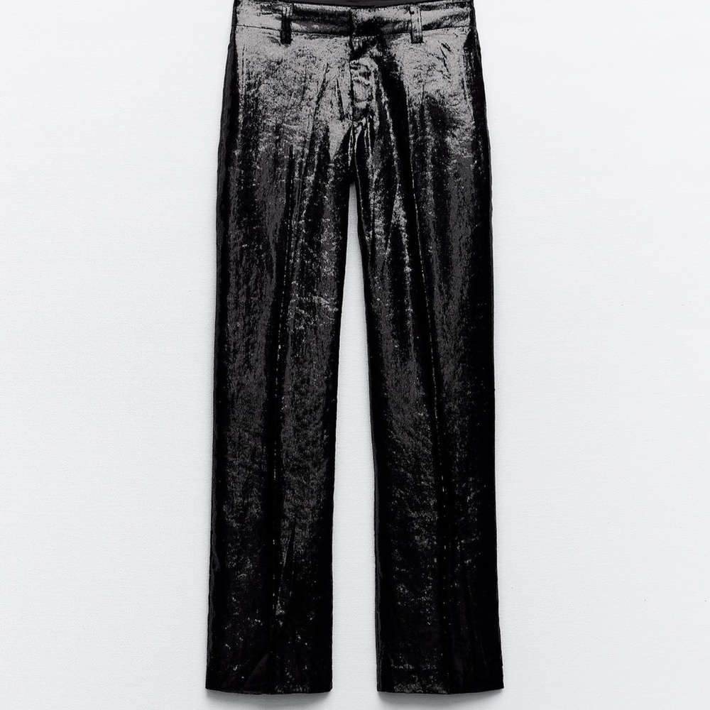 Zara Black Shiny Flocked Velvet Pants